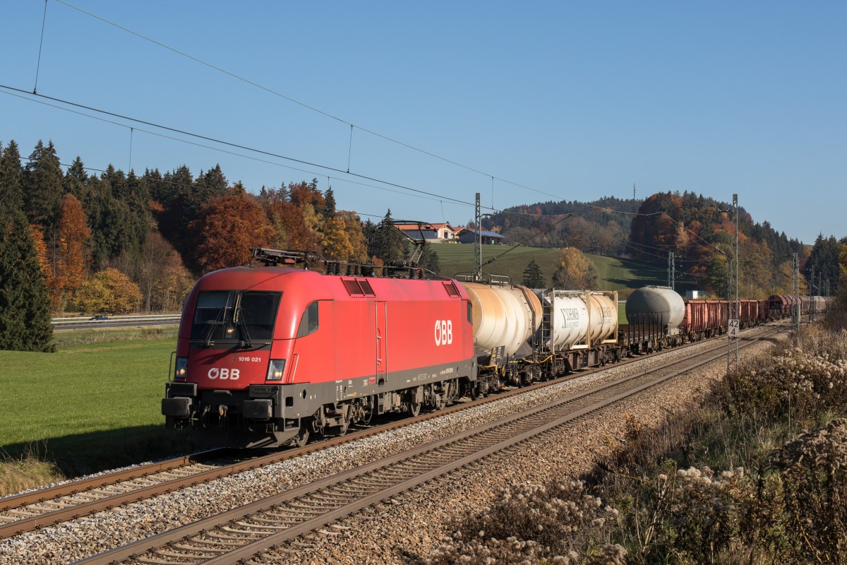 1016 021-8 mit einem gemischten G�terzug am 31. Oktober 2015 bei Grabenst�tt.