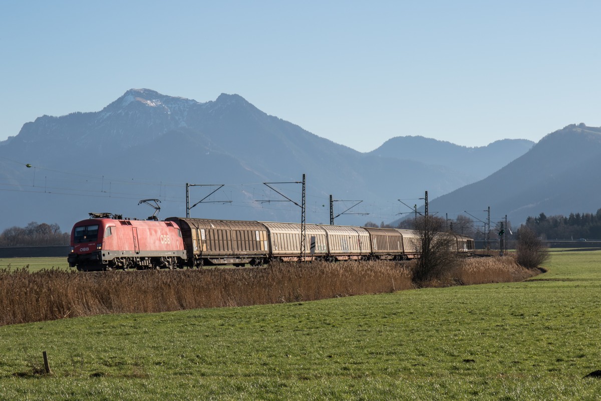 1116 139-7  Johann  mit einem G�terzug aus Salzburg kommend bei Bernau am Chiemse.