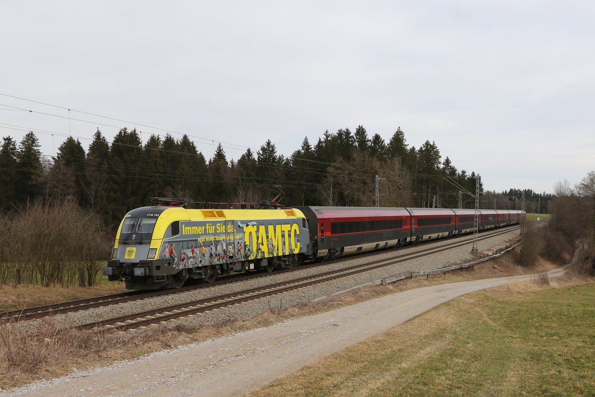 1116 153  �AMTC  mit einem Railjet aus Salzburg kommend am 3. M�rz 2021 bei Grabenst�tt im Chiemgau.