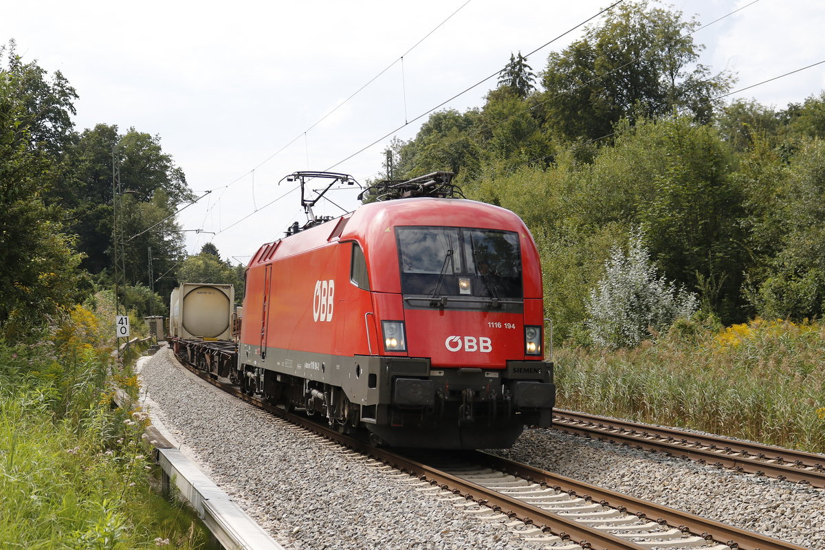 1116 194 war am 15. August 2018 mit einem KLV bei Grabenst�tt in Richtung Salzburg unterwegs.