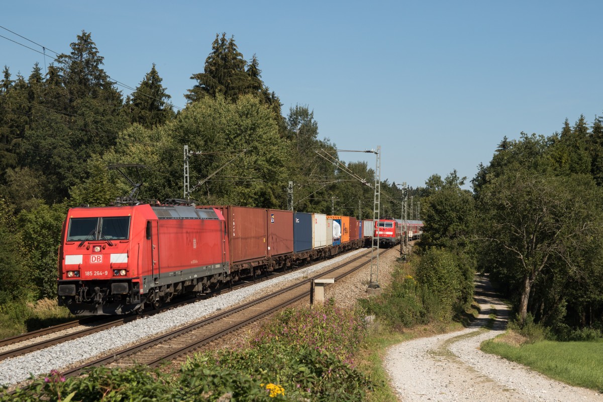 185 264-9 mit einem Containerzug am 12. September 2015 bei Grabenst�tt.