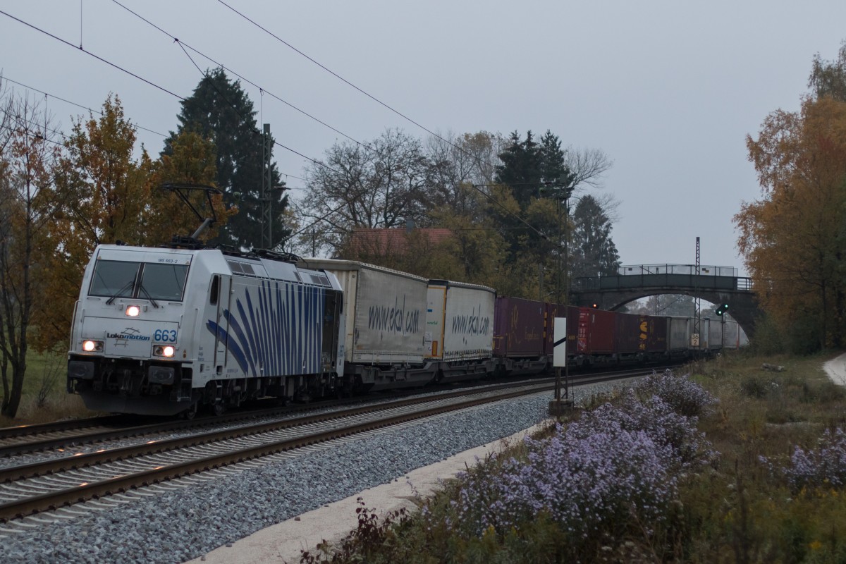 185 663-2 am 30. Oktober 2015 mit dem  EKOL -Zug aus Salzburg kommend bei �bersee am Chiemsee.