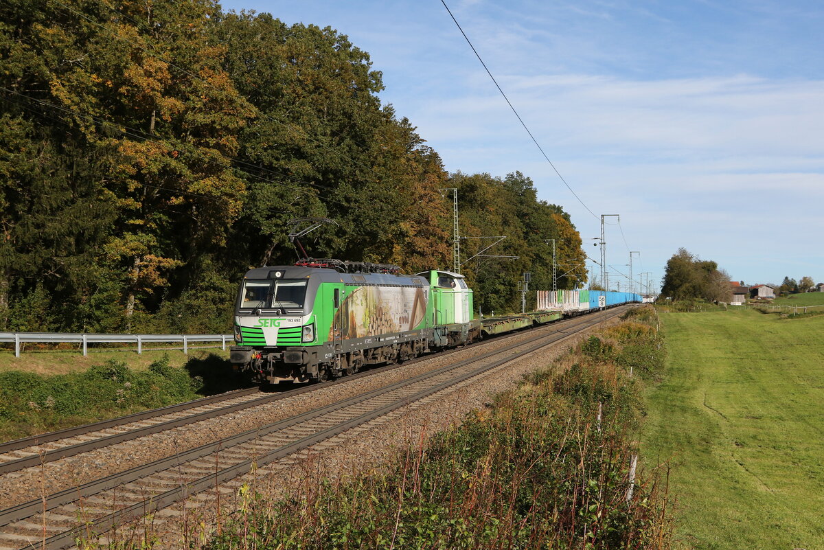 193 892 und V 100.51 von  SETG  mit einem leeren Holzzug aus Salzburg kommend am 9. Oktober 2024 bei Hufschlag.